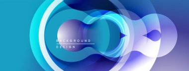 Soyut sıvı şekiller, canlı mavi renkler, modern tasarım. Üst üste binen daireler dinamik görsel efekt yaratır. Yumuşak eğimler, zarif kompozisyon.