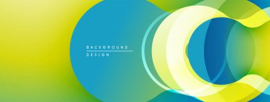 Soyut enerjik tasarım. Üst üste binen daireler akıcı şekiller yaratır, eğimler sarıdan maviye dönüşür. Modern, temiz estetik.