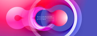 Soyut tasarım özellikleri üst üste binen daireler, farklı renkler. Pembe, mor, mavi renkler modern görsel efektler yaratır. Yumuşak geçişler mevcut.