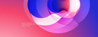 Soyut çemberler çakışıyor, canlı gradyanlar yaratıyor. Pembe, mor, mavi renkler kusursuz bir şekilde harmanlanır. Modern tasarım ögesi.