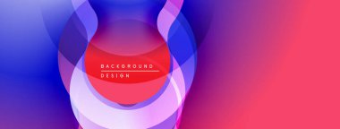 Soyut tasarım özellikleri üst üste binen renkli daireler. Gradyan mor, mavi, kırmızı renkleri harmanlıyor. Modern estetik, dinamik kompozisyon.