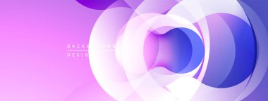 Soyut daireler örtüşüyor, canlı mor, mavi renkler yaratıyor. Modern tasarım dijital sanatı, pürüzsüz eğimleri, akışkan şekilleri öneriyor.