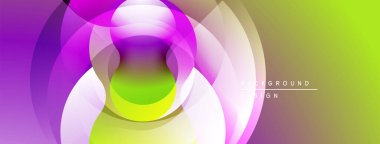 Soyut, enerjik daireler çakışıyor ve dinamik bir değişim etkisi yaratıyor. Mor, yeşil, sarı renkler arasındaki pürüzsüz geçişler kompozisyona hakim..