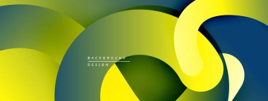 Soyut akışkan şekiller, canlı renkler. Yeşil, sarı, mavi gradyanlar modern tasarım yaratır. Düz eğriler kesişir, dinamik bileşim oluşturur.