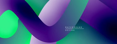 Soyut sıvı şekilleri örtüşür, canlı gradyanlar yaratır. Mor, yeşil, mavi renkler tasarımda baskın. Modern estetik.