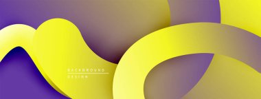 Soyut arkaplan mor gradyanlar üzerinde akan sarı şekiller içerir. Yumuşak kıvrımlı modern tasarım, dinamik bileşim.