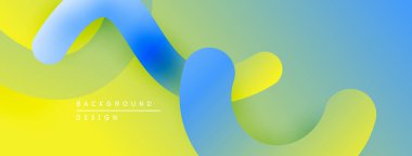Soyut sıvı şekiller, canlı renklerin karışımı. Sarı, mavi, yeşil gradyanlar modern tasarım yaratır. Düz eğriler, dinamik bileşim.