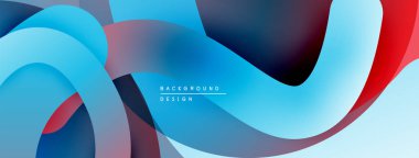 Soyut sıvı şekilleri kesişir. Mavi, kırmızı renkler dizaynın hakimi. Pürüzsüz gradyanlar dinamik görsel akış yaratır. Modern estetik.