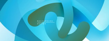 Soyut akışkan şekiller, mavi yeşil tonlar. Modern tasarım, düzgün eğimler, üst üste binen katmanlar dinamik bileşim yaratır. Minimalist estetik.