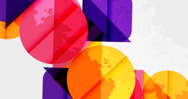 Üst üste binen daireler, üçgenler içeren soyut bileşim. Canlı renkler baskın, dinamik görsel doku yaratıyor. Modern tasarım elemanları.