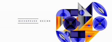 Soyut geometrik şekiller, mavi tonlar tasarımda baskın. Modern kompozisyon, temiz hatlar, minimalist estetik. Arkaplan ögeleri dijital sanatı öneriyor.