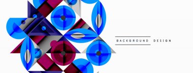 Soyut geometrik şekiller örtüşür, parlak mavi, mor ve gri desenler oluşturur. Arkaplan veya sunumlar için modern tasarım ögesi.