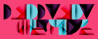 Soyut geometrik tasarım. Kalın renkler, üst üste binen şekiller dinamik görsel etki yaratır. Pembe arkaplan karşıtlığı artırır.