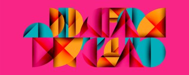 Soyut geometrik şekiller parlak pembe arka plana karşı kelime rüyası oluşturur. Kalın renkler, gölgeler derinlik yaratır. Modern tasarım.