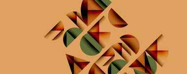 Soyut geometrik şekiller, sıcak renkler kompozisyona hakim. Kahverengi, yeşil tonlar bej arka plana karşı görsel ilgi yaratıyor. Minimalist tasarım.