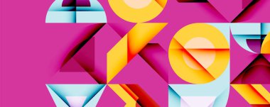 Soyut geometrik tasarım cesur şekiller, canlı renkler ve pembe arkaplan içerir. Modern kompozisyon, dinamik görsel etki.