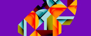 Soyut geometrik şekiller örtüşür, dinamik bileşim yaratır. Sıcak renkler mor arkaplana hakim. Modern tasarım, cesur biçimler.