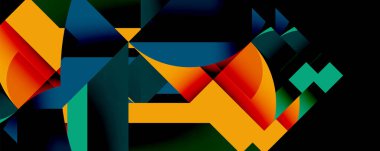 Soyut geometrik şekiller örtüşür ve canlı bir bileşim yaratır. Renkler arasında turuncu, deniz mavisi, mavi, kırmızı, siyah vardır. Modern tasarım.