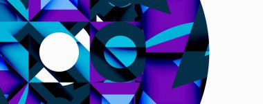 Soyut geometrik şekiller, canlı maviler, morlar baskın gelir. Dairesel element mevcut, zıt beyaz boşluk mevcut. Modern tasarım.