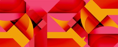 Soyut geometrik bileşim. Kırmızı, turuncu, pembe renkler dinamik şekiller ve desenler yaratır. Modern tasarım, canlı renkler, parlak estetik..