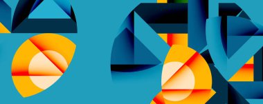 Soyut geometrik bileşim. Mavi, turuncu renkler baskın. Şekiller çakışıyor, dinamik görsel etki yaratıyor. Modern tasarım elemanları.