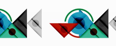Soyut geometrik desenler tekrarlanıyor. Şekiller örtüşüyor, dinamik görsel ritim yaratıyor. Renkler arasında mavi, kırmızı, yeşil, gri.