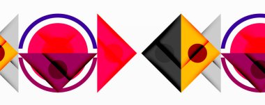 Soyut geometrik şekiller, canlı renkler, modern tasarım. Daireler, üçgenler, kırmızı, mor, turuncu baskın bileşim. Minimalist estetik.