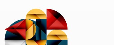 Soyut geometrik şekiller örtüşür, dinamik bileşim yaratır. Renkler arasında kırmızı, altın, donanma, beyaz var. Minimalist tasarım, modern estetik.