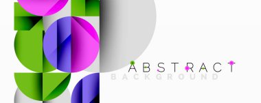 Modern tasarım, üst üste binen canlı şekillere sahiptir. Daireler, kareler dinamik bileşim oluşturur. Gradyan renkler derinlik ve görsel ilgi ekler.