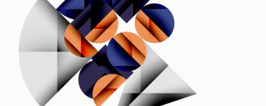 Soyut geometrik bileşim. Şekiller örtüşüyor, dinamik görsel ilgi yaratıyor. Renkler turuncu, lacivert, gri, beyaz. Modern tasarım.