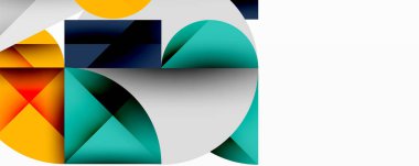 Üst üste binen şekiller, canlı renkler ve beyaz alan içeren soyut geometrik tasarım. Modern estetik, temiz çizgiler, dinamik kompozisyon.