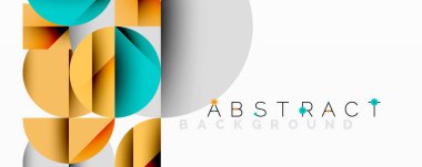 Geometrik şekiller üst üste binerek modern tasarım yaratıyor. Sıcak renkler serin renkleri karşılar. Minimalist estetik, temiz çizgiler mevcut.