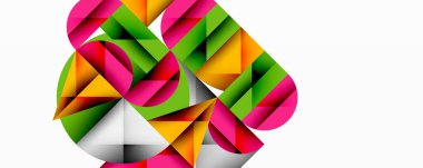 Soyut geometrik şekiller karmaşık tasarım oluşturur. Canlı renkler harmanlanır, dinamik görsel etki yaratır. Modern sanat tarzı.