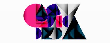 Soyut geometrik bileşim. Şekiller örtüşüyor, canlı renk farklılıkları yaratıyor. Pembe, mor, deniz mavisi beyaz arka plana hakim. Modern tasarım.