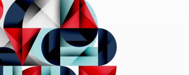 Soyut geometrik bileşim. Şekiller örtüşüyor, dinamik görsel ilgi yaratıyor. Kırmızı, mavi, gri tonlar tasarımda baskın. Minimalist stil.