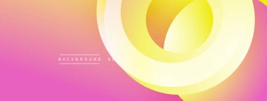Soyut tasarım katmanlı daireler, canlı pembe, sarı renkler. Gradyan arka plan modern görsel efekt yaratır. Pürüzsüz şekiller hareketi işaret eder.