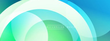 Soyut tasarım özellikleri üst üste binen şeffaf daireler. Renkler maviden yeşile karışıp pürüzsüz gradyanlar oluşturur. Modern, canlı estetik..