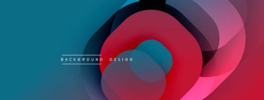 Soyut sıvı şekilleri örtüşür ve canlı renk değişimleri yaratır. Modern tasarım elementleri hareket, enerji, dinamizm öneriyor. Teal arkaplanı kırmızı, mor renkleri tamamlar.