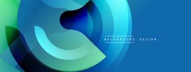 Soyut akışkan şekiller, canlı maviler, yeşiller dinamik arkaplan oluşturur. Modern tasarım elementleri hareket ve enerji.
