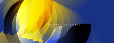 Soyut tasarım, üst üste binen canlı taç yaprakları içerir. Sarı, mavi, kahverengi renkler dinamik kompozisyon oluşturur. Modern estetik, uygun afiş veya arkaplan.