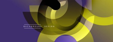 Soyut geometrik şekiller örtüşür, dinamik görsel efekt yaratır. Mor, sarı, siyah renkler kompozisyona hakim. Modern tasarım ögesi.