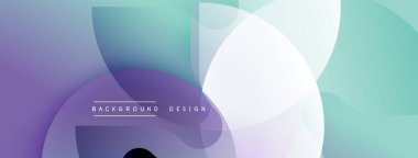 Soyut arkaplan özellikleri üst üste binen daireler, gradyanlar. Mor, deniz mavisi, beyaz renkler modern tasarım yaratır. Metin arkaplan tasarımı okur.