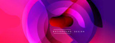Soyut canlı katmanlar dairesel şekiller oluşturur. Renkler pembelerden mora karışır, modern tasarım ögesi.