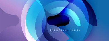 Soyut daireler örtüşüyor, dinamik mavi ve mor renkler yaratıyor. Modern tasarım elementleri teknoloji ve yenilik öneriyor. Minimalist estetik.