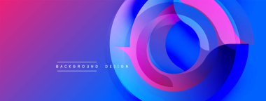 Soyut, enerjik tasarım, üst üste binen daireler. Mordan maviye geçiş dinamik görsel efekt yaratır. Metin arkaplan tasarımı okur.