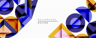 Soyut geometrik bileşim. Üst üste binen şekiller dinamik görsel efekt yaratır. Mavi, turuncu, pembe renkler tasarımda baskın. Çeşitli projeler için modern arkaplan.
