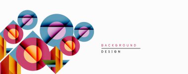 Soyut geometrik bileşim. Üst üste binen daireler, üçgenler dinamik görsel efekt yaratır. Modern tasarım canlı renkler ve gradyanlar kullanır. Temiz estetik arka planlar, sunumlar.