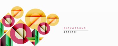 Soyut geometrik bileşim. Üst üste binen daireler, dikdörtgenler dinamik görsel efekt yaratır. Sıcak renkler baskın, daha havalı yeşil aksanlarla tezat oluşturuyor. Modern tasarım ögesi.