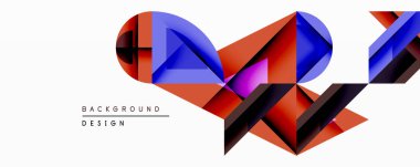 Soyut geometrik bileşim. Canlı kırmızı, mavi, mor şekiller, dinamik görsel efekt oluşturur. Arkaplan ve sunumlar için modern tasarım ögesi.