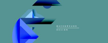 Soyut geometrik şekiller örtüşür, dinamik bileşim yaratır. Mavi renkler baskın, deniz mavisi arkaplanının aksine. Modern tasarım derinliği, hareketi, görsel ilgiyi çağrıştırıyor.